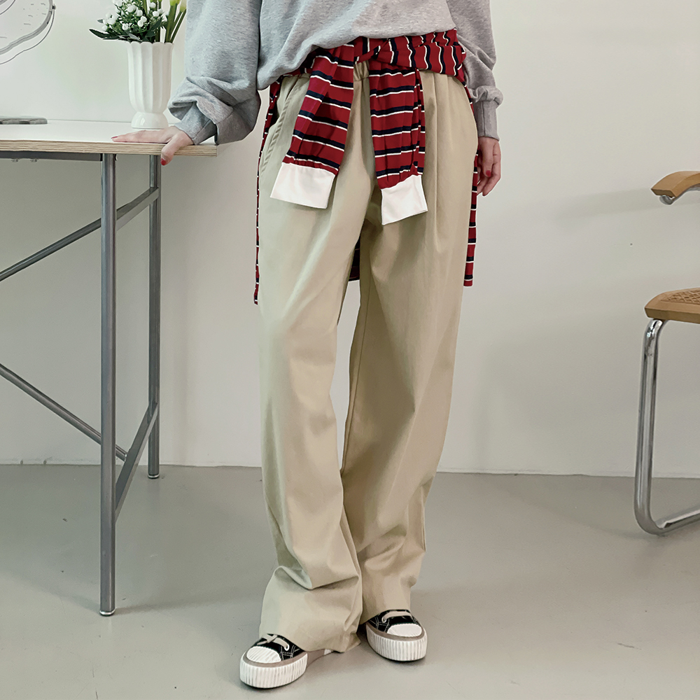 핀턱와이드팬츠 베이지면바지 커브드 벌룬팬츠 - 메인 이미지