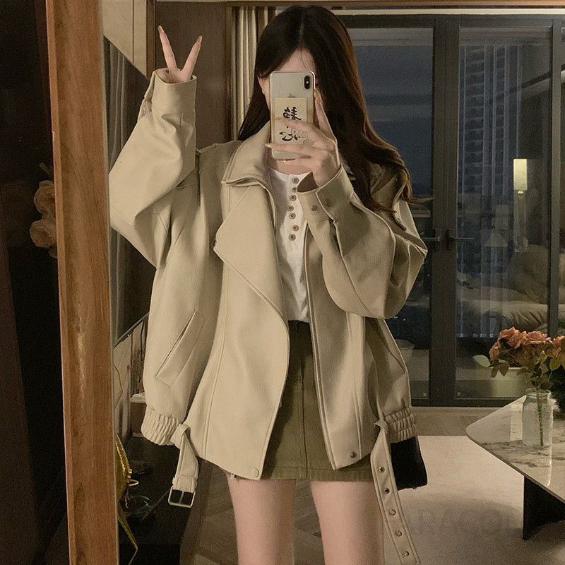 여성 빅사이즈 박시핏 오버핏 레더 가죽 자켓 점퍼 아우터 빈티지 레트로 간절기 시크 데일리 라이더 블루종 봄 가을 - 상세 이미지 4