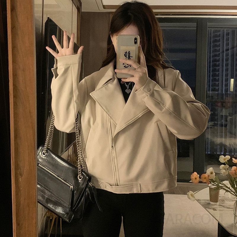 여성 빅사이즈 루즈핏 오버핏 크롭 레더 라이더 자켓 숏 점퍼 아카데미 캐주얼 데일리 가죽 아우터 봄 가을 간절기 코디 - 상세 이미지 5