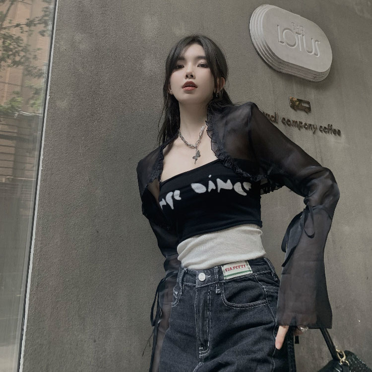 볼레로 시스루 가디건 프리사이즈 여성 패션 경량 저고리 긴팔 고스룩 블랙 프리 사이즈 - 상세 이미지 5