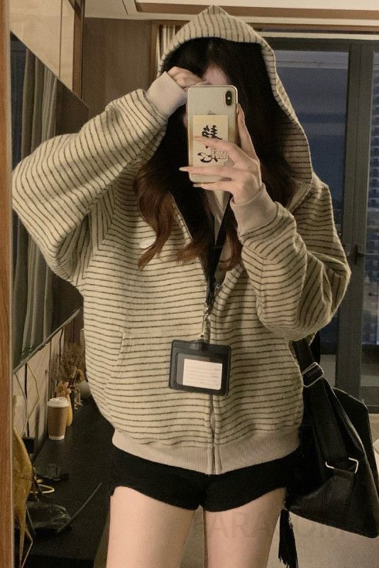 여성 빅사이즈 오버핏 루즈핏 스트라이프 단가라 후드집업 캐주얼 집업 자켓 점퍼 데일리룩 봄 가을 - 상세 이미지 5