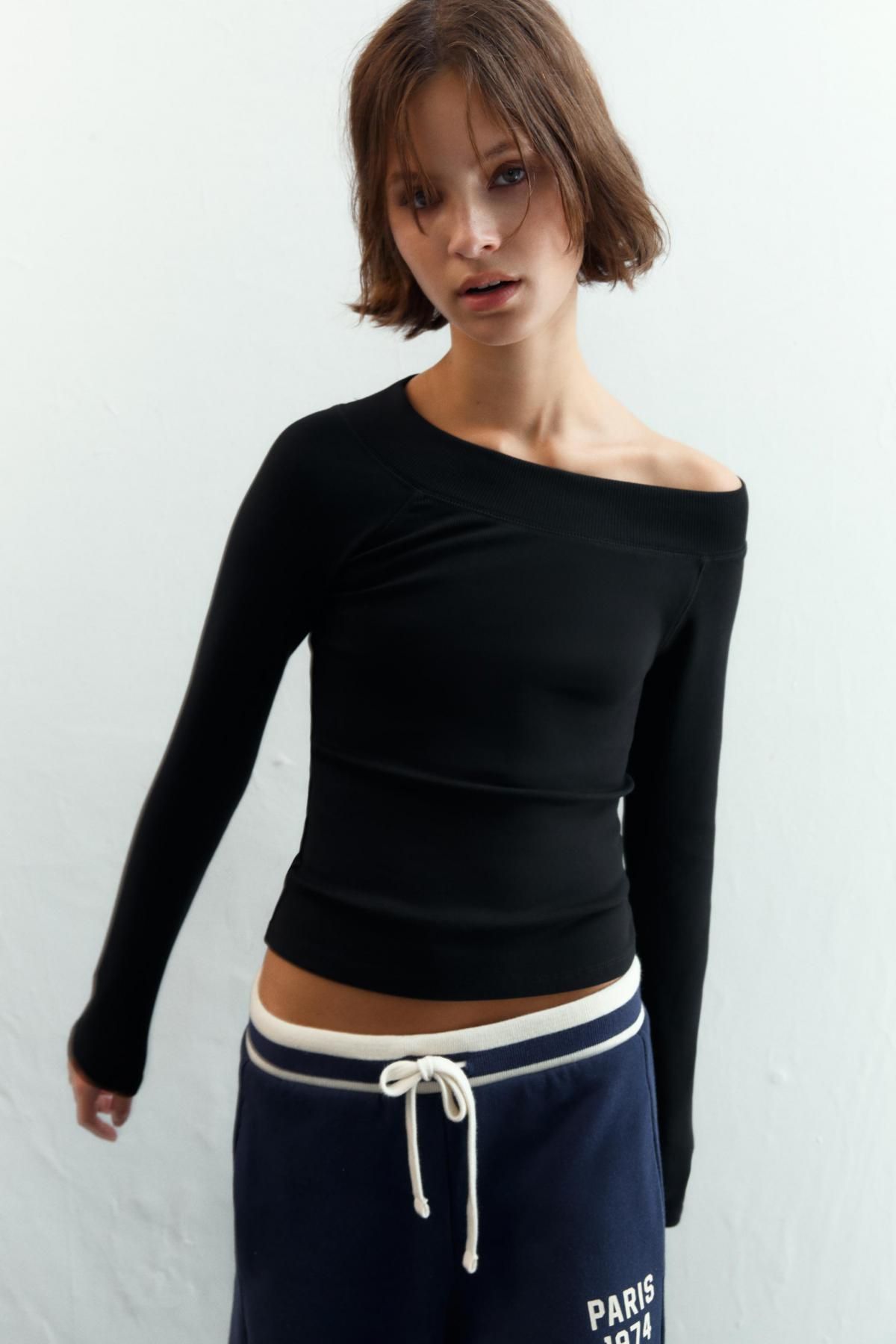 자라 슬림핏 보트넥 골지 블랙 긴팔 티셔츠 3253/842 BLACK - 상세 이미지 3