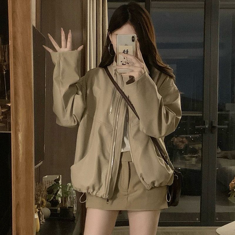 여성 빅사이즈 아메리칸 복고 워크웨어 더블지퍼 스탠넥 간절기 간편핏 자켓 점퍼 봄 가을 - 상세 이미지 2