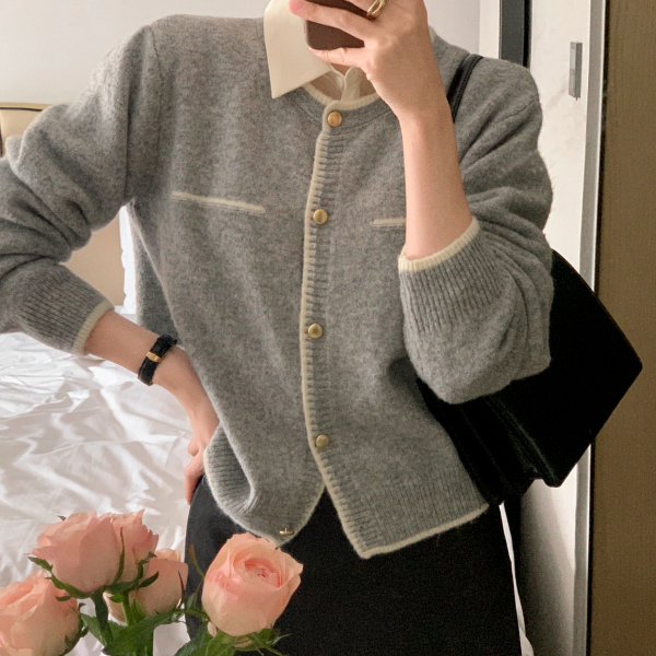 배색 라인 골드 버튼 가디건 cd3465 제품 이미지