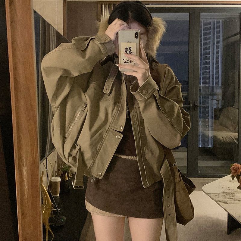 여성 빅사이즈 루즈핏 스탠드넥 벨티드 워싱 자켓 점퍼 아우터 힙한 밀리터리 빈티지 데일리 간절기 봄 가을 - 상세 이미지 5