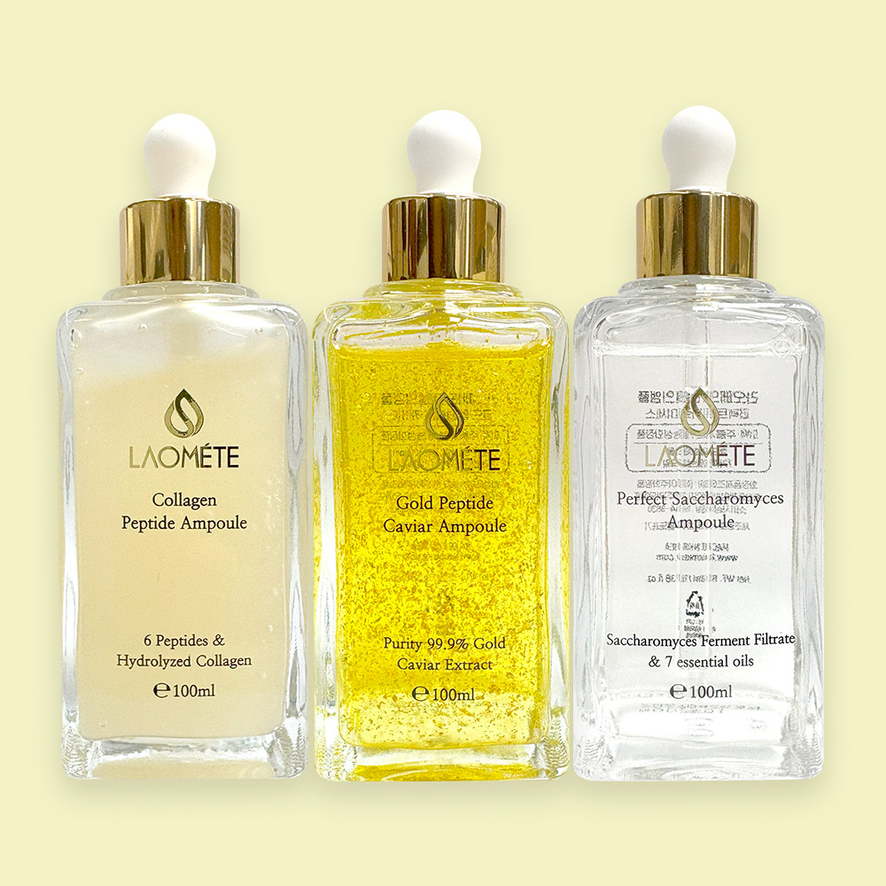 라오메뜨 전설의앰플 100ml 3종 세트 모공 수분 탄력 기미 미백 주름 블랙 화이트 헤드 피지 개선 앰플 24K 골드 캐비어 콜라겐 퍼펙트 사카로미세스 펩타이드 나이아신아마이드 - 메인 이미지