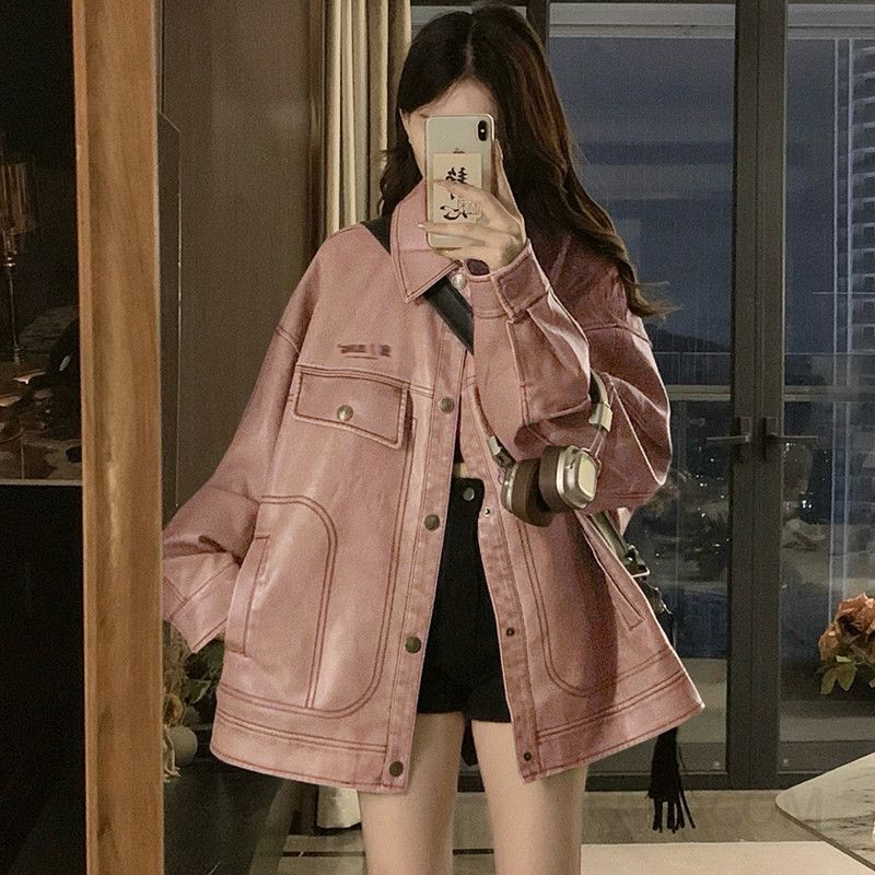 여성 빅사이즈 오버핏 레더 가죽 자켓 빈티지 카라 점퍼 루즈핏 포켓 봄 가을 겨울 데일리룩 - 상세 이미지 4