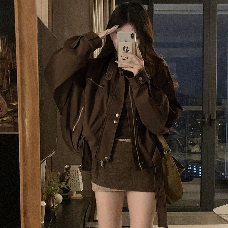 여성 빅사이즈 스탠드넥 워싱 야상자켓 벨티드 포켓 루즈핏 점퍼 오버핏 아우터 데일리 캠퍼스룩 봄 가을 - 상세 이미지 4