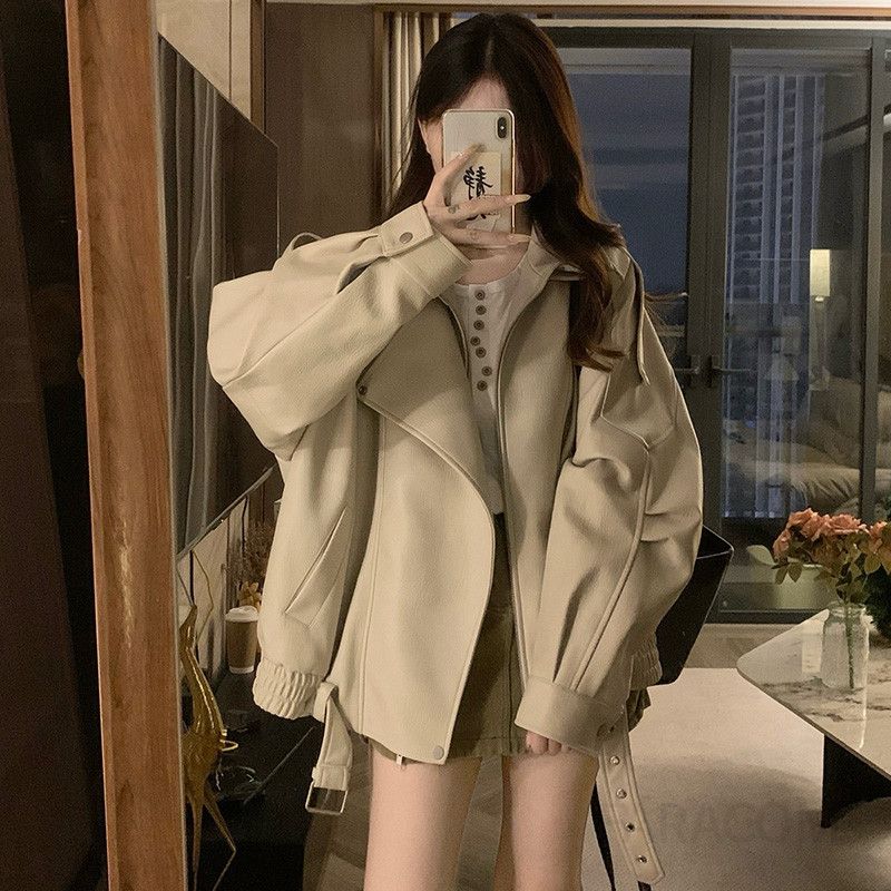 여성 빅사이즈 루즈핏 오버핏 레더 자켓 간절기 가을 데일리 인조가죽 아우터 코디 점퍼 봄 가을 - 상세 이미지 5