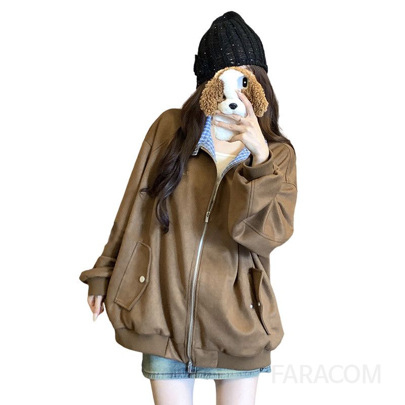여성 스웨이드 가을 야구점퍼 캐주얼 스타일 플레드 스플라이싱 디자인 레이어드 가능 편안한 착용감 데일리 자켓 - 상세 이미지 5