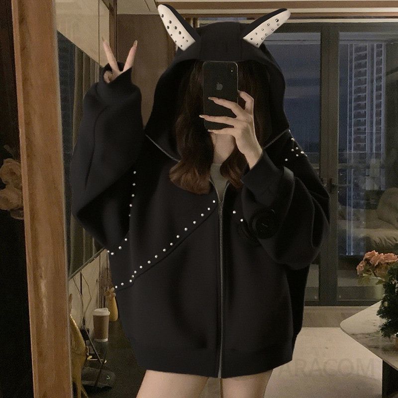 여성 빅사이즈 오버핏 후드집업 맨투맨 캐릭터 귀여운 데일리 루즈핏 스트릿 볼륨소매 봄 가을 - 상세 이미지 3