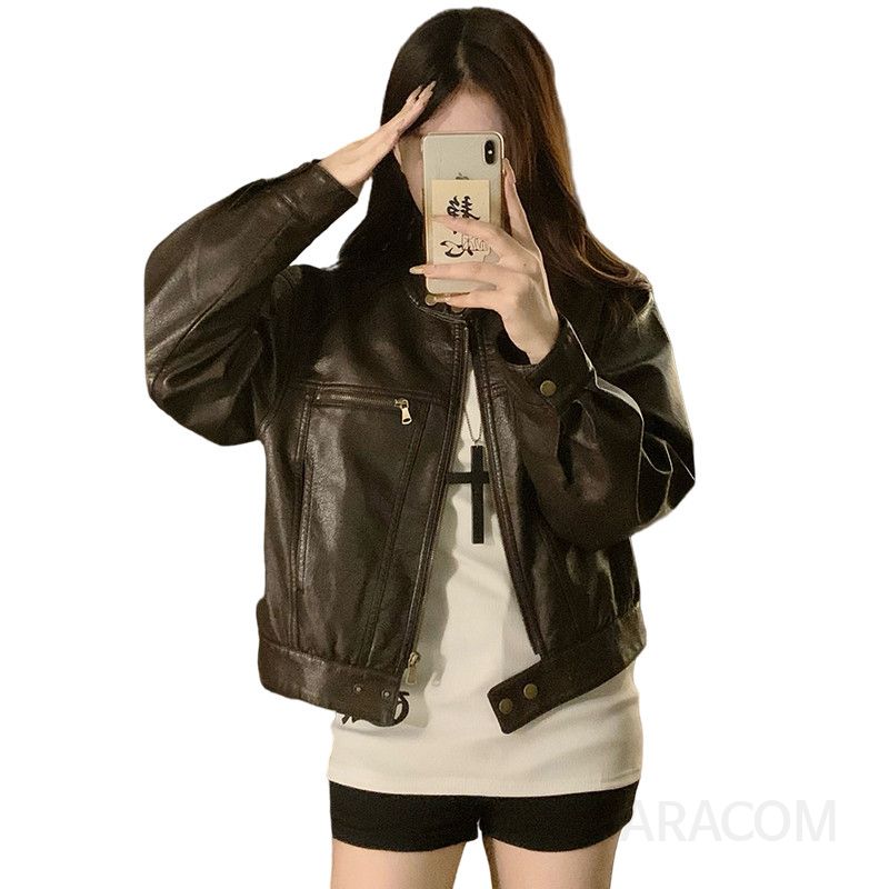여성 아메리칸 워싱 레더 자켓 빅사이즈 숏 카라 가죽 항공 점퍼 블루종 루즈핏 데일리 봄 가을 - 상세 이미지 5