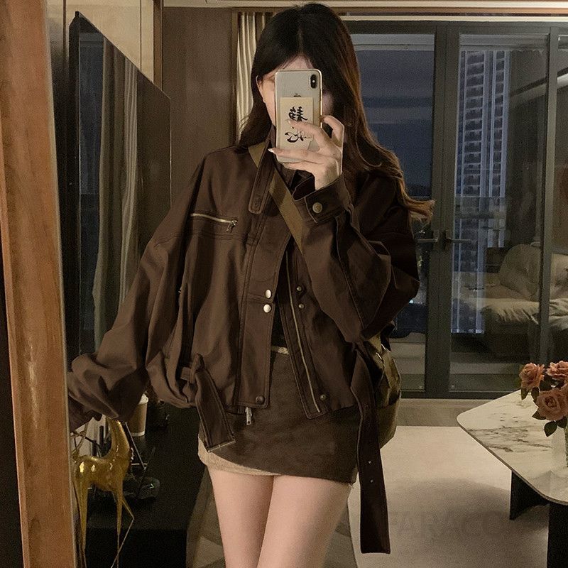 여성 빅사이즈 루즈핏 스탠드넥 벨티드 워싱 자켓 점퍼 아우터 힙한 밀리터리 빈티지 데일리 간절기 봄 가을 - 상세 이미지 4