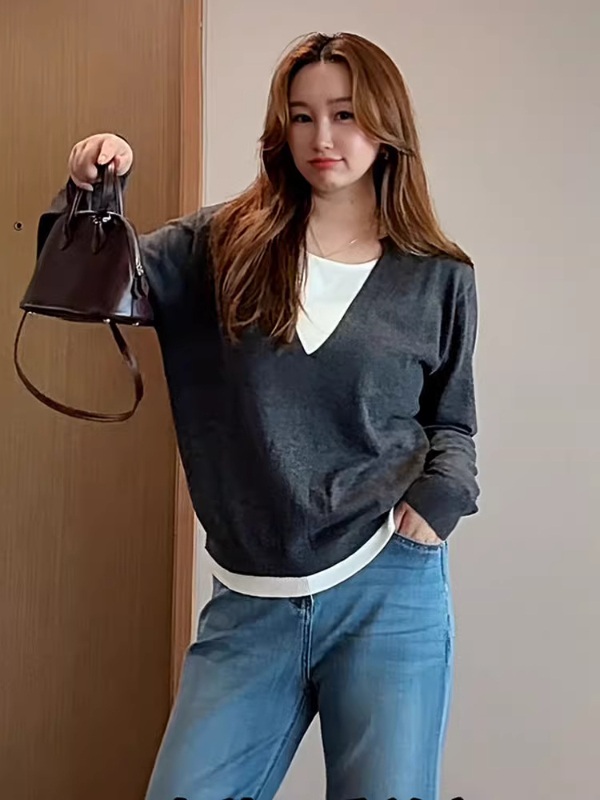가짜투피스같은 라운드넥 얇은니트 레이어드 심플 클래식 세련 예쁜디자인 빅사이즈 4XL까지 - 상세 이미지 5