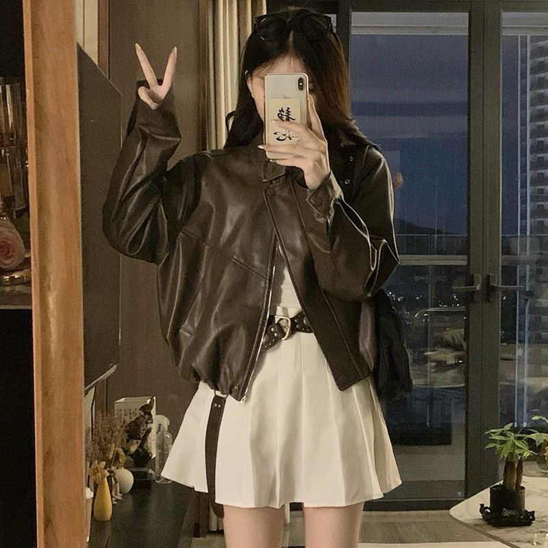 여성 빅사이즈 레더 가죽 루즈핏 오버핏 항공점퍼 점퍼 블루종 라이더 자켓 아우터 봄 가을 - 상세 이미지 2