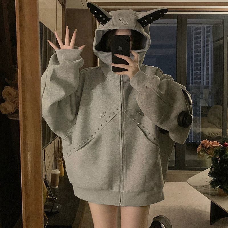 여성 빅사이즈 루즈핏 오버핏 귀여운 귀 후드집업 후드티 자켓 가을 간절기 데일리 캐주얼 스트릿 캠퍼스룩 아우터 점퍼 봄 가을 - 상세 이미지 2