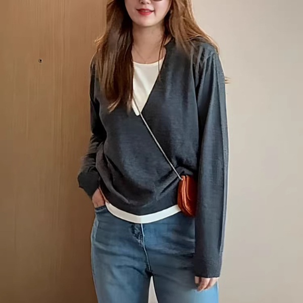 가짜투피스같은 라운드넥 얇은니트 레이어드 심플 클래식 세련 예쁜디자인 빅사이즈 4XL까지 - 상품 이미지