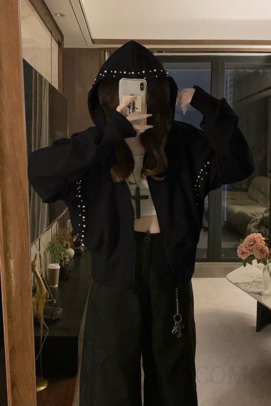 여성 스터드 비즈 장식 크롭 루즈핏 오버핏 스웨트 맨투맨 후드 집업 자켓 점퍼 아우터 대학생 캐주얼 간절기 데일리 봄 가을 - 상세 이미지 5