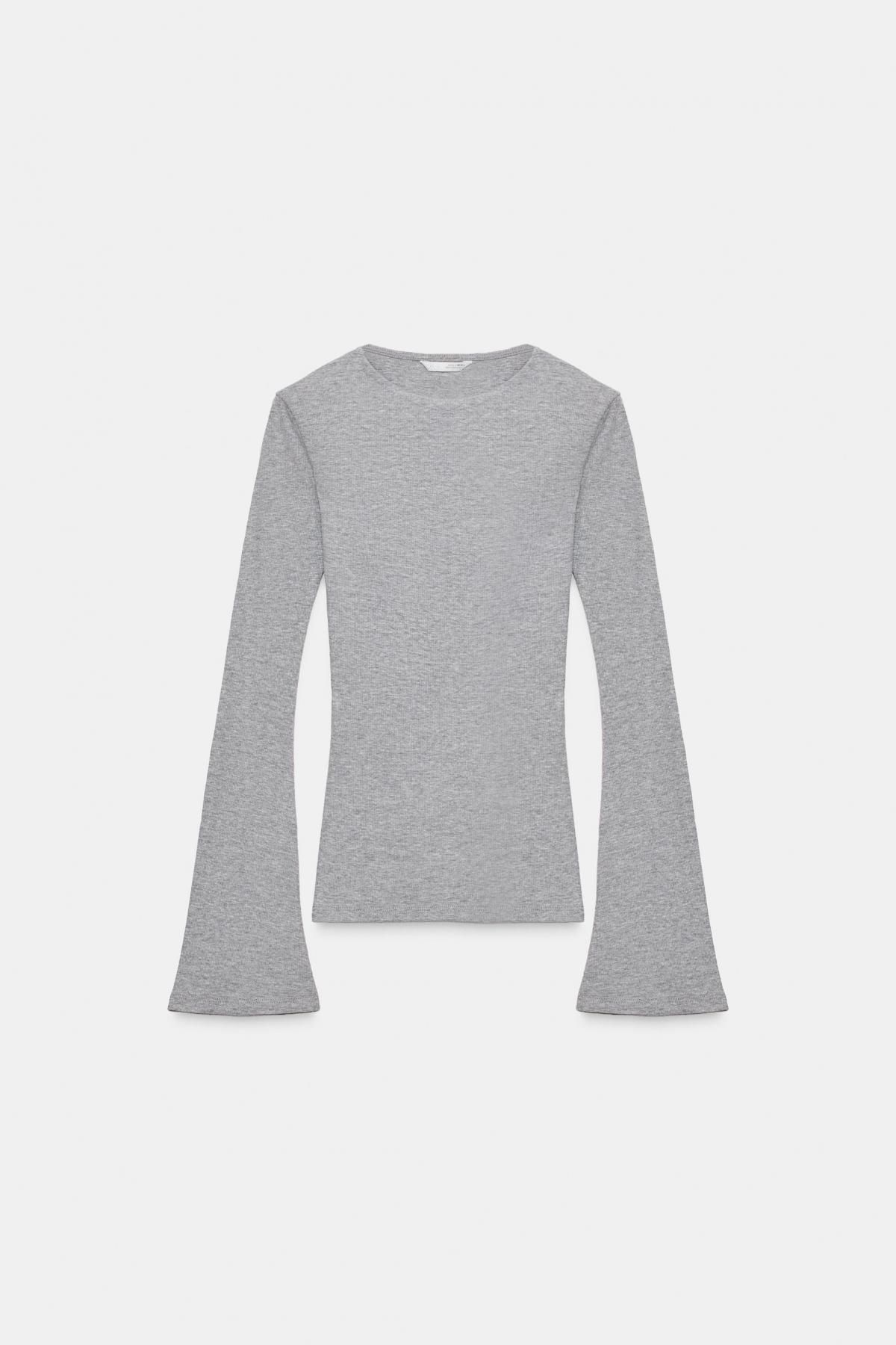 자라 슬림핏 플레어 소매 골지 라운드넥 긴팔 티셔츠 1044/633 GREY MARL - 메인 이미지
