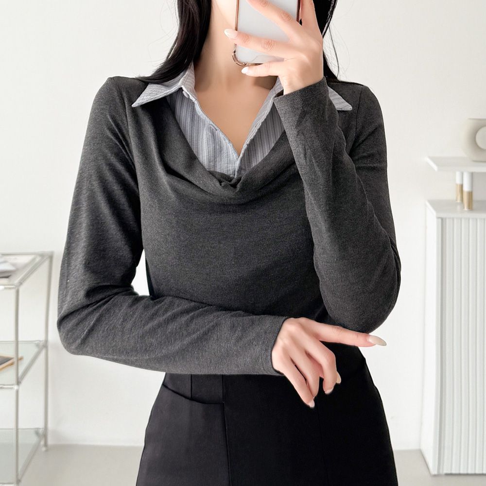베탄드 레이어드티셔츠 셔링 카라 데일리룩 AB0184 - 상세 이미지 3