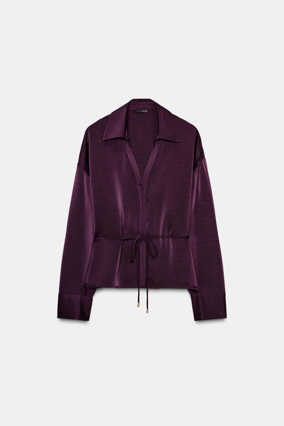 자라 새틴 벨트 브이넥 카라 긴팔 블라우스 8741/245 BURGUNDY - 메인 이미지