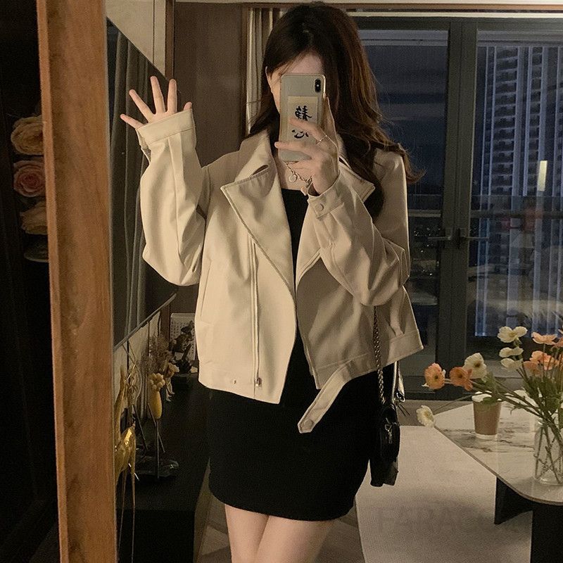 여성 빅사이즈 루즈핏 오버핏 크롭 레더 라이더 자켓 숏 점퍼 아카데미 캐주얼 데일리 가죽 아우터 봄 가을 간절기 코디 - 상세 이미지 2