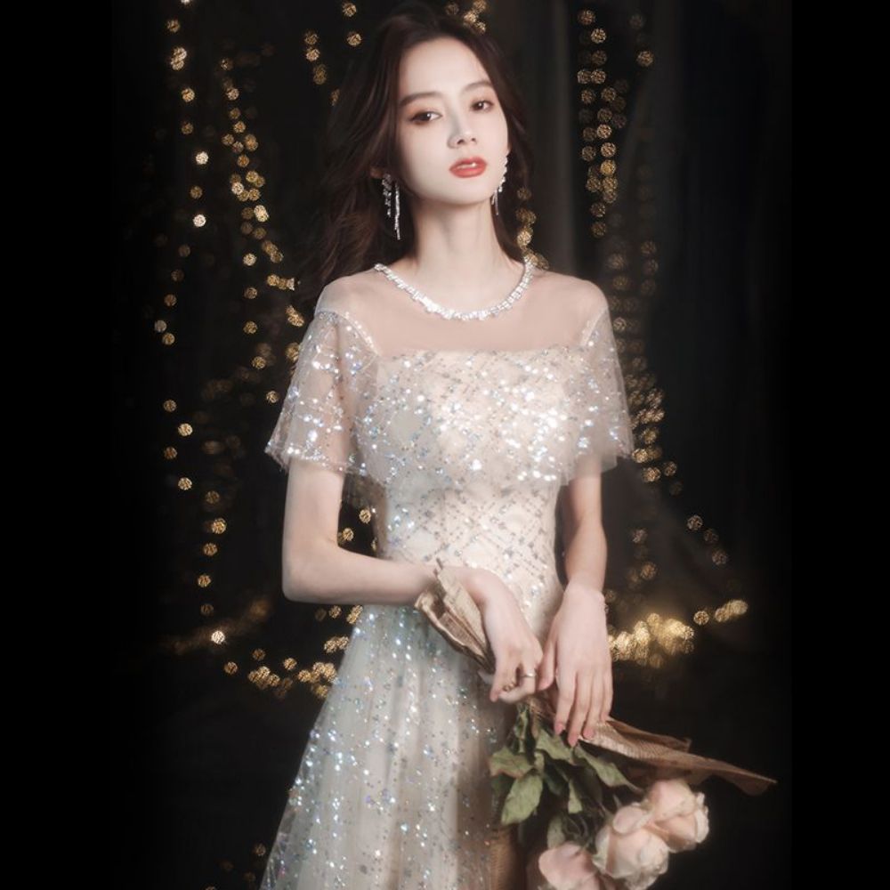웨딩 드레스 오프숄더드레스 연주회 오간자 샴페인 골드/미디 길이 XS - 상품 이미지