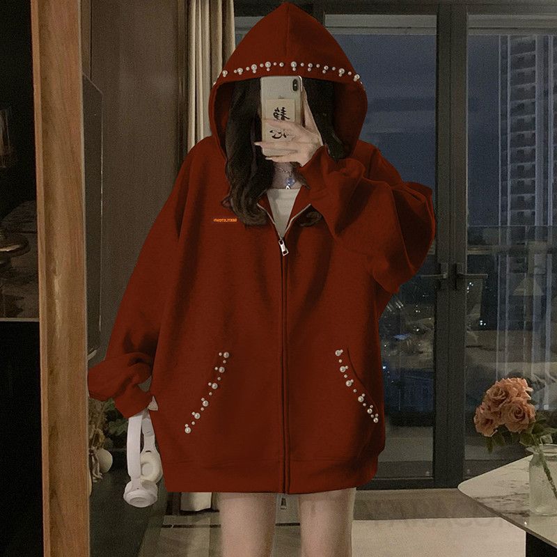 여성 빅사이즈 루즈핏 오버핏 진주장식 후드집업 집업 자켓 점퍼 재킷 후드티셔츠 봄 가을 - 상세 이미지 3