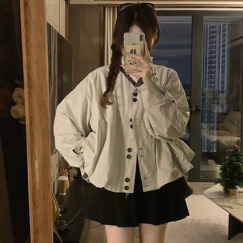 여성 루즈핏 스탠드넥 퍼프소매 체크배색 숏 항공점퍼 점퍼 아우터 오버핏 빅사이즈 봄 가을 - 상세 이미지 4