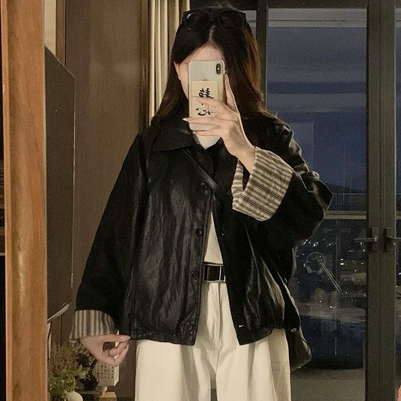 여성 오버핏 루즈핏 레더 자켓 크롭 카라 가죽 점퍼 아우터 간절기 데일리룩 시크 모던 가을 겨울 - 메인 이미지