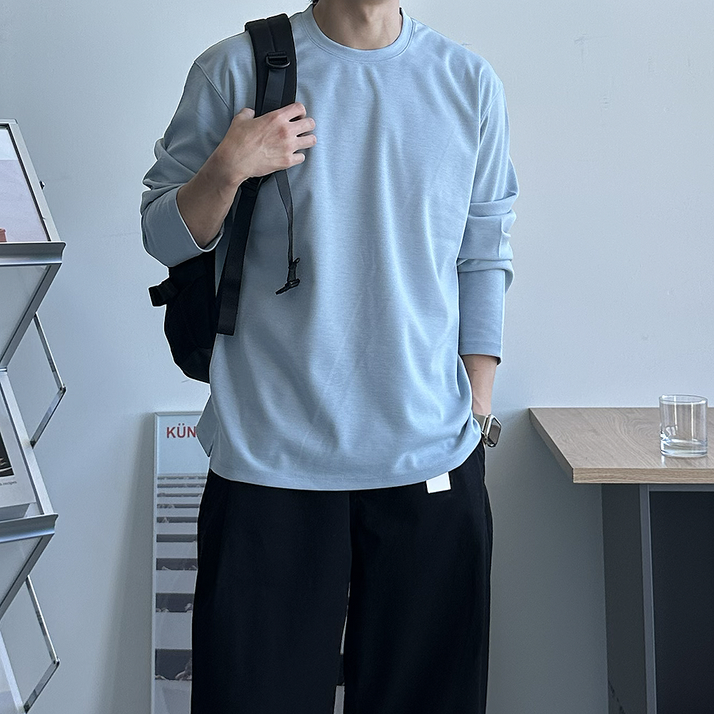남자 긴팔티 오버핏 레이어드 이너 흰색 분또 무지 티셔츠 - 상세 이미지 4