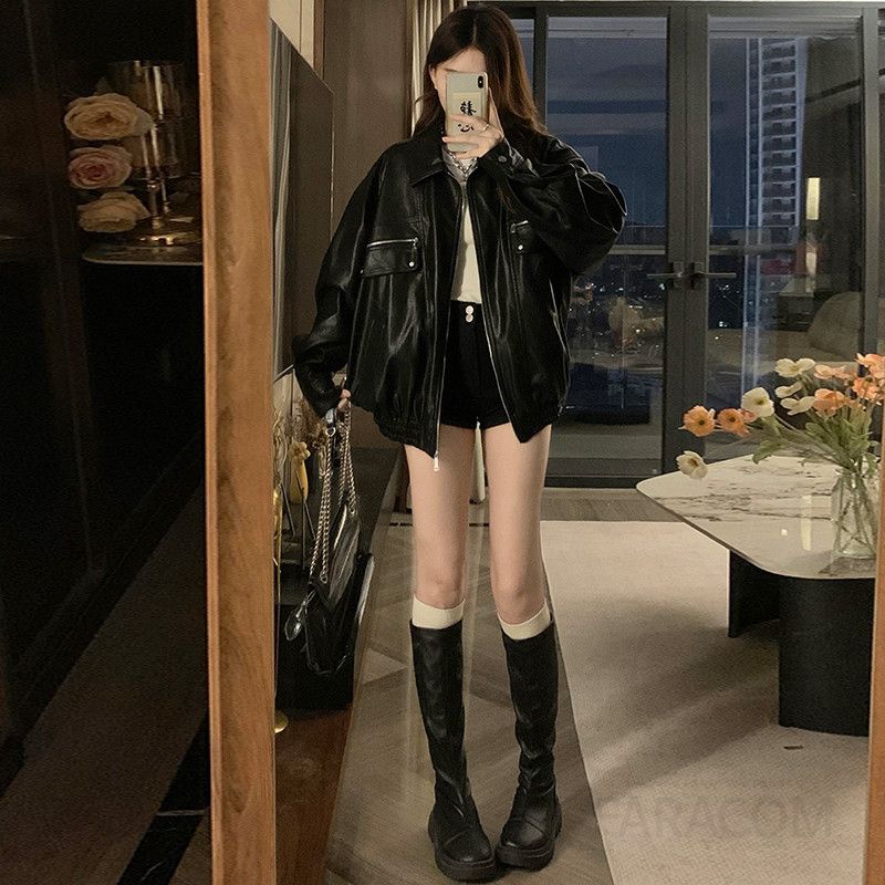 블랙 PU 가죽 모터사이클 재킷 남녀공용 오버핏 스타일 라이더자켓 가을 패션 매력적인 레트로 디자인 커플룩 활용 가능한 아메리칸 감성 - 상세 이미지 4