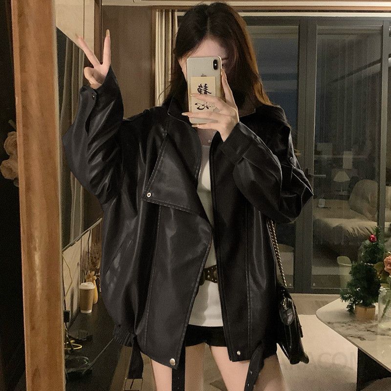 여성 오버핏 루즈핏 레더 가죽 자켓 빅사이즈 바이커 라이더 점퍼 아우터 데일리룩 캐주얼 무스탕 간절기 봄 가을 - 상세 이미지 2
