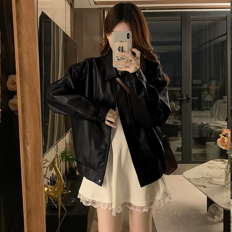 여성 빅사이즈 오버핏 레더 자켓 간절기 루즈핏 캐주얼 데일리 아우터 가을 가죽 점퍼 재킷 - 상세 이미지 2