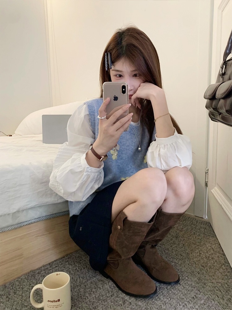 라운드넥 입체꽃 니트조끼 귀여운 키작녀 레이어드 패션 가을 겨울 레드 - 상세 이미지 5