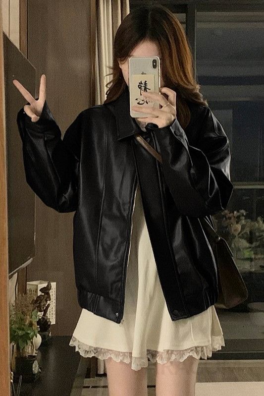 여성 빅사이즈 오버핏 레더 자켓 간절기 루즈핏 캐주얼 데일리 아우터 가을 가죽 점퍼 재킷 - 상세 이미지 5