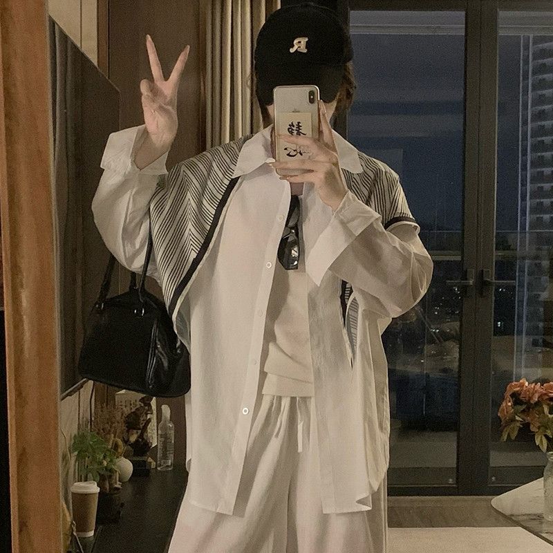 여성 빅사이즈 세일러카라 스카프넥 스트라이프 패턴 오버핏 긴팔 블라우스 셔츠 루즈핏 데일리 오피스 봄 가을 - 상세 이미지 4
