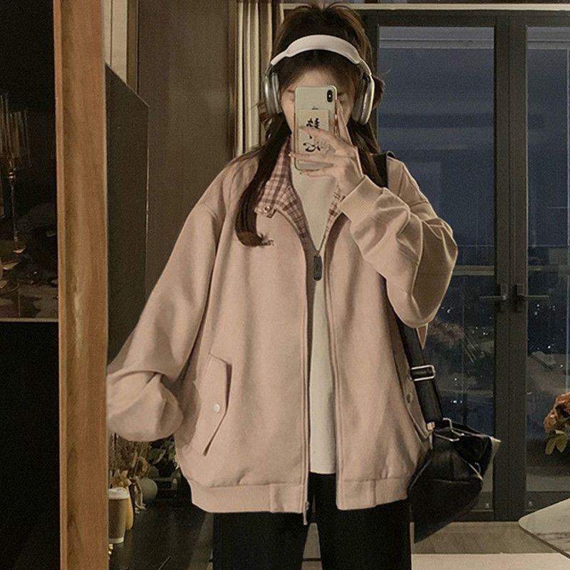 여성 가을 스웨이드 재킷 플레드 스플라이싱 캐주얼 야구점퍼 스타일 트렌디한 데일리 아우터 유니폼 디자인 편안한 착용감 남녀공용 패션 - 상세 이미지 4