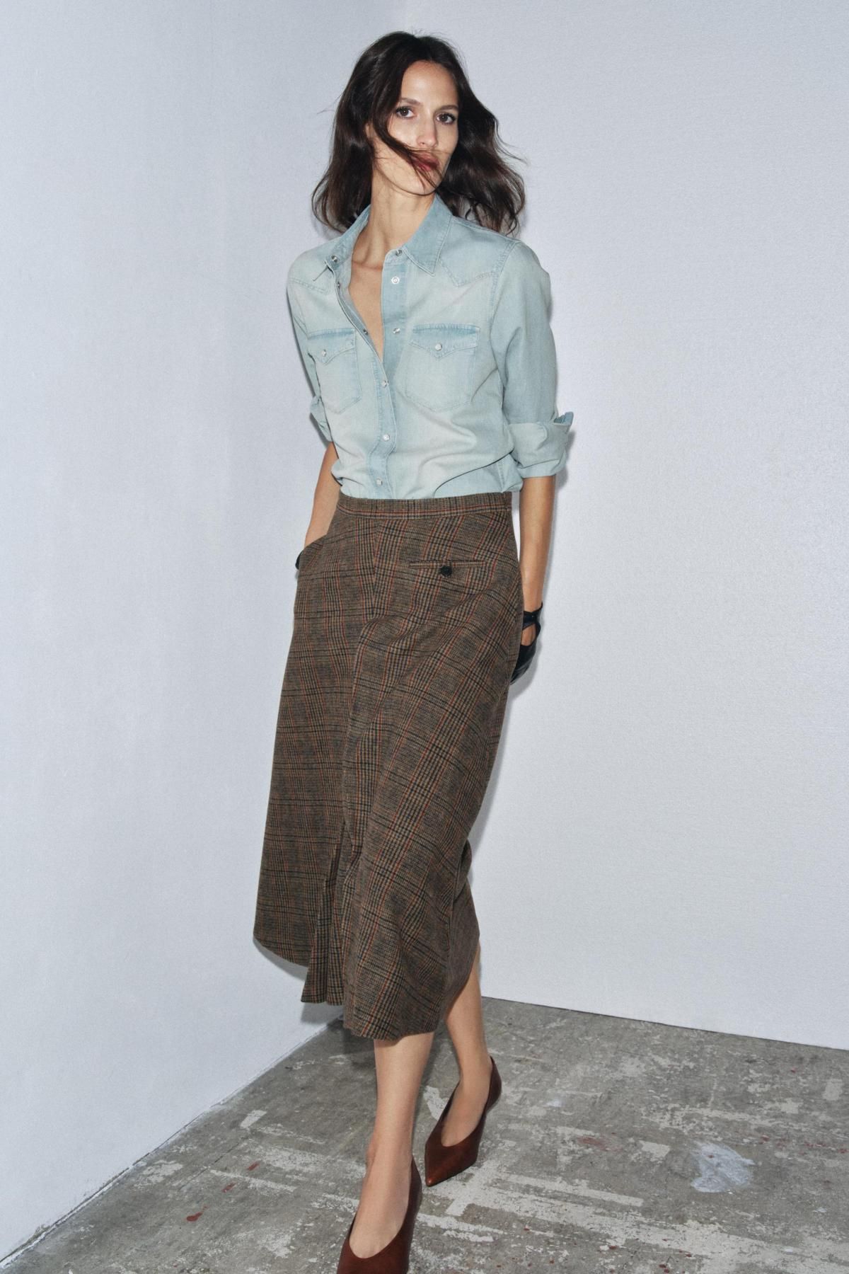 자라 체크 울 블렌드 플리츠 미디 스커트 9246/086 BROWN-BLUE - 상세 이미지 5