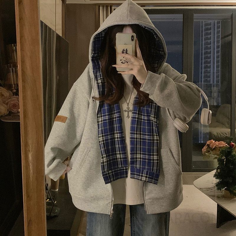 여성 빅사이즈 루즈핏 오버핏 레이어드 체크 스카프 후드집업 아카데미 캠퍼스 캐주얼 레트로 간절기 집업 점퍼 봄 가을 - 상세 이미지 4