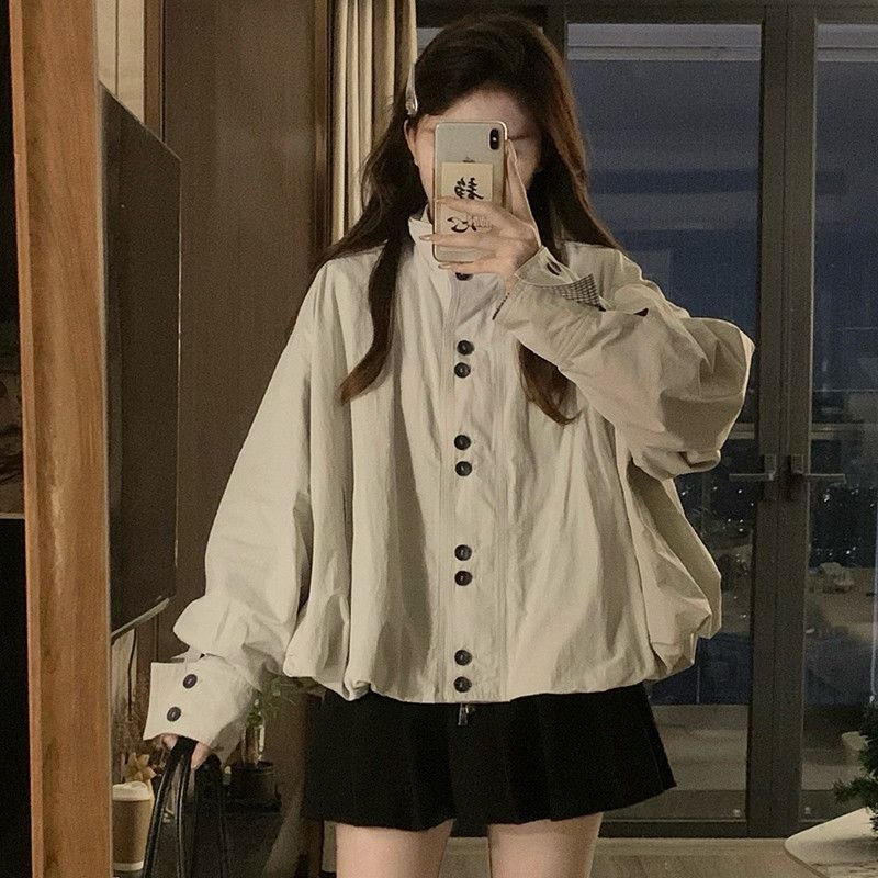 여성 루즈핏 스탠드넥 퍼프소매 체크배색 숏 항공점퍼 점퍼 아우터 오버핏 빅사이즈 봄 가을 - 상세 이미지 3