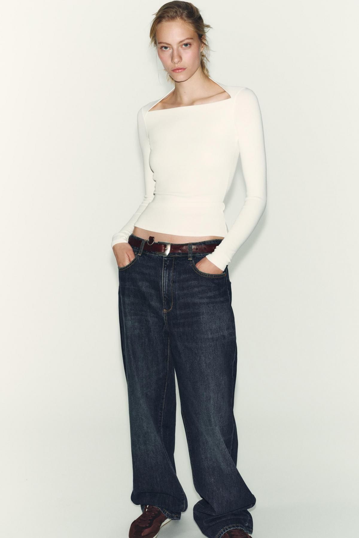 자라 슬림핏 스퀘어넥 골지 긴팔 티셔츠 4174/757 OYSTER-WHITE - 상세 이미지 2