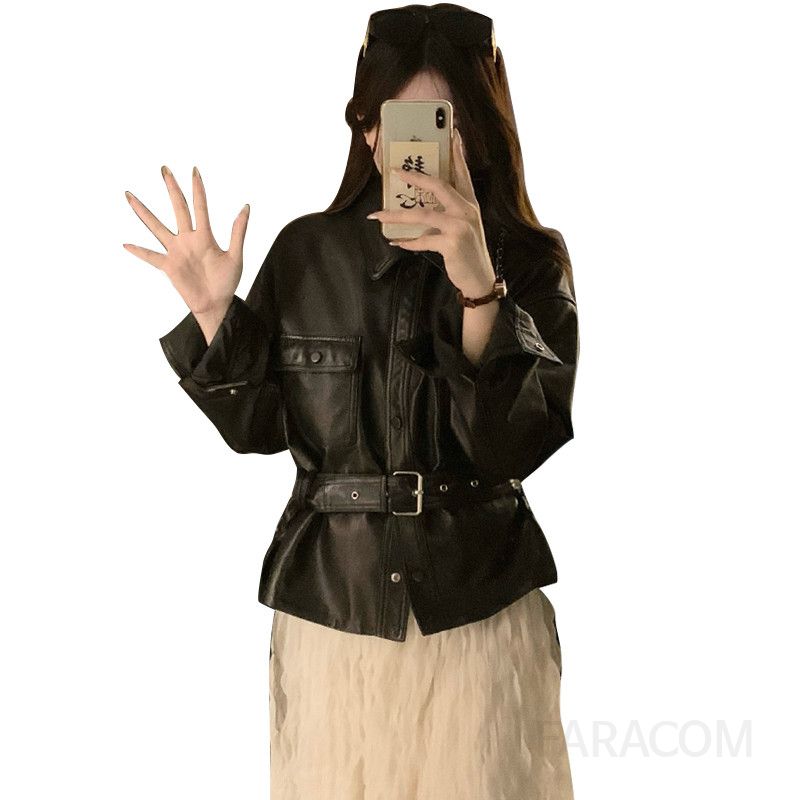 여성 빅사이즈 시크 루즈핏 레더 가죽자켓 허리벨트 카라넥 포켓 데일리룩 트렌디 아우터 봄 가을 간절기 - 상세 이미지 5