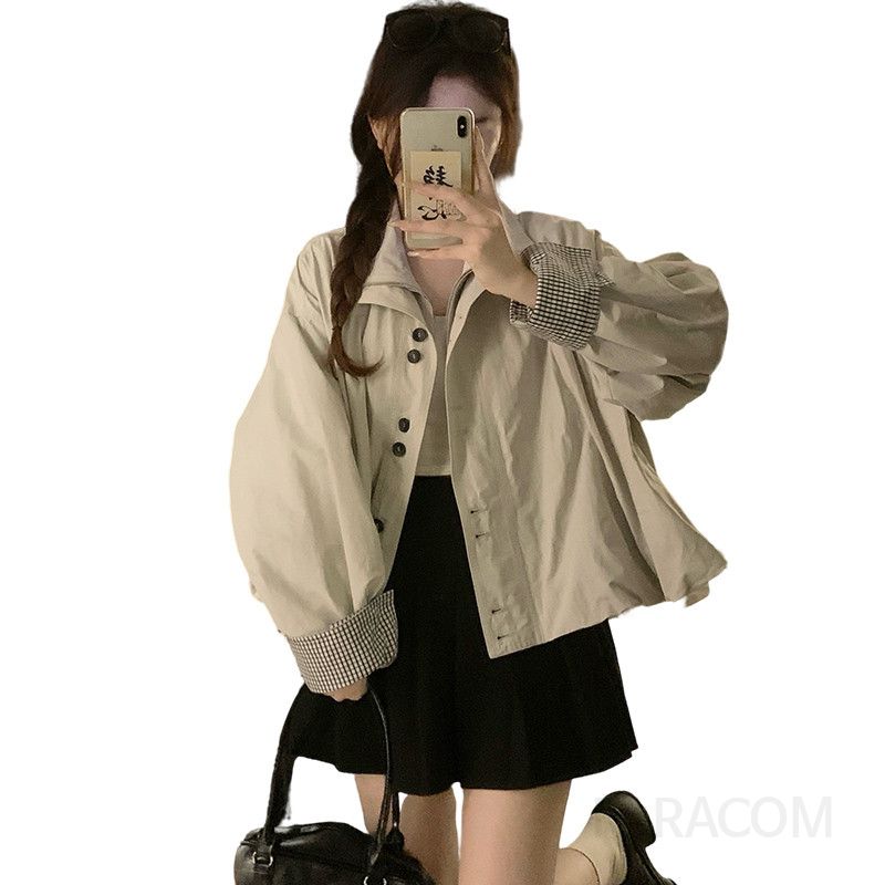 여성 루즈핏 스탠드넥 퍼프소매 체크배색 숏 항공점퍼 점퍼 아우터 오버핏 빅사이즈 봄 가을 - 상세 이미지 5