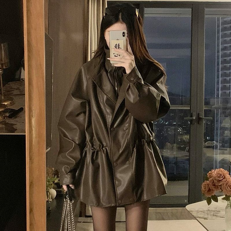 여성 빅사이즈 드롭숄더 카라 레더 자켓 드로스트링 허리스트링 오버핏 점퍼 아우터 봄 가을 - 상세 이미지 5