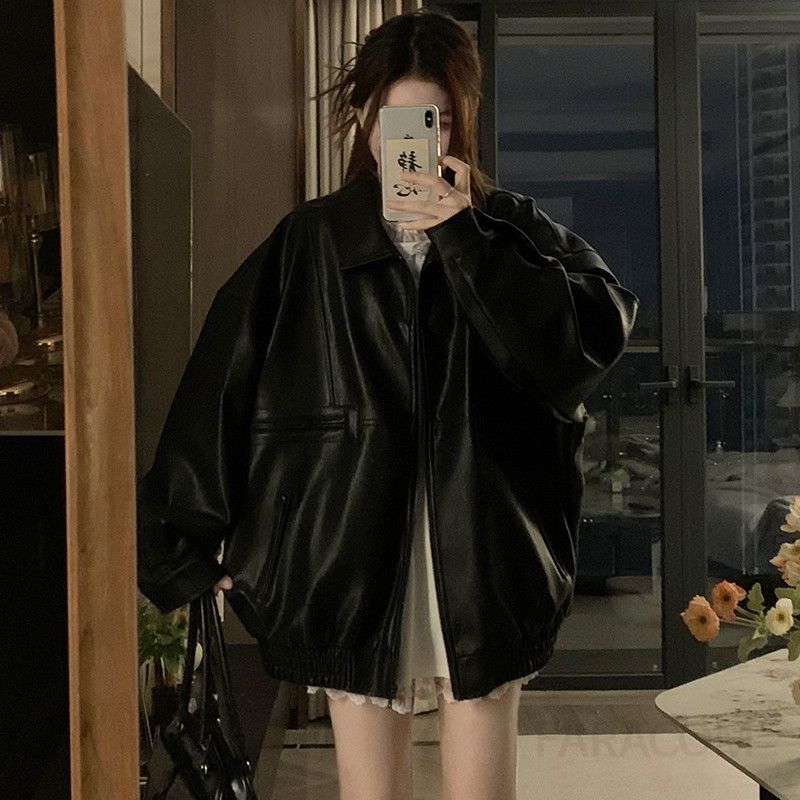 여성 빅사이즈 오버핏 루즈핏 카라 시크 코팅 레더 가죽 점퍼 항공 자켓 재킷 아우터 봄 가을 - 상세 이미지 2