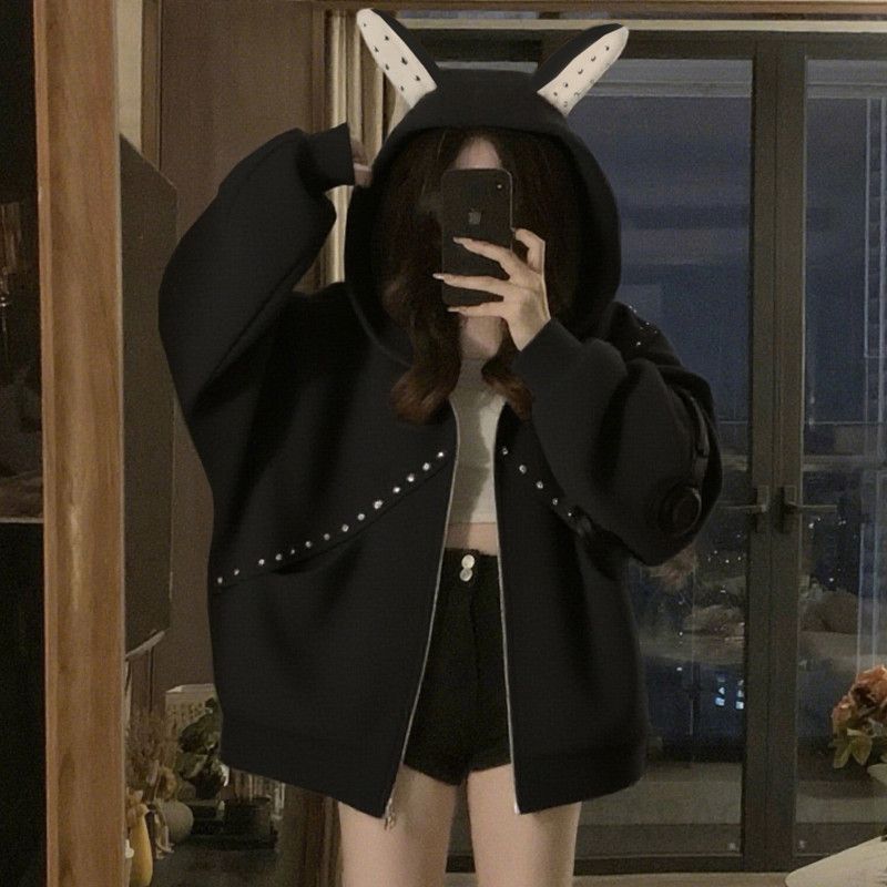 여성 빅사이즈 오버핏 후드집업 맨투맨 캐릭터 귀여운 데일리 루즈핏 스트릿 볼륨소매 봄 가을 - 상세 이미지 4