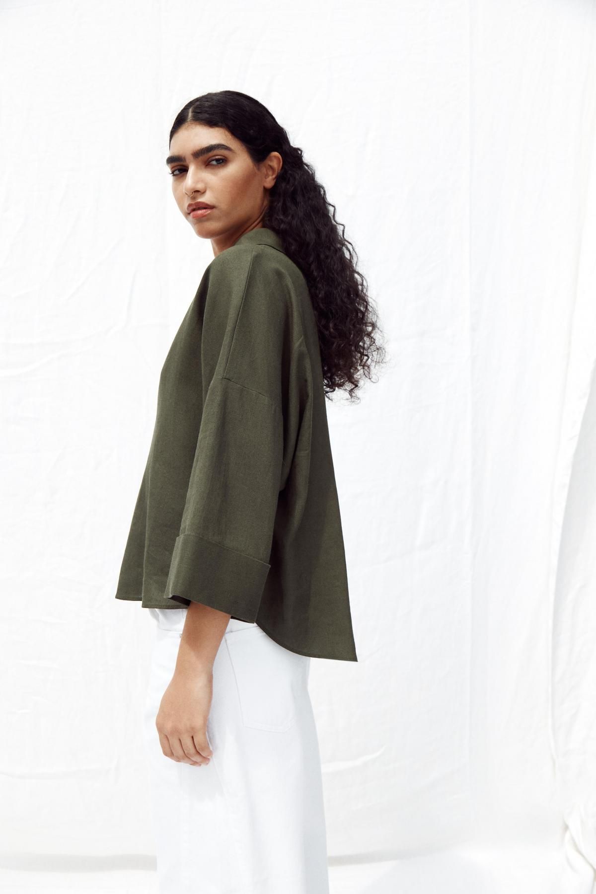 자라 린넨 블렌드 와이드 소매 셔츠 3457/734 DARK KHAKI - 상세 이미지 5