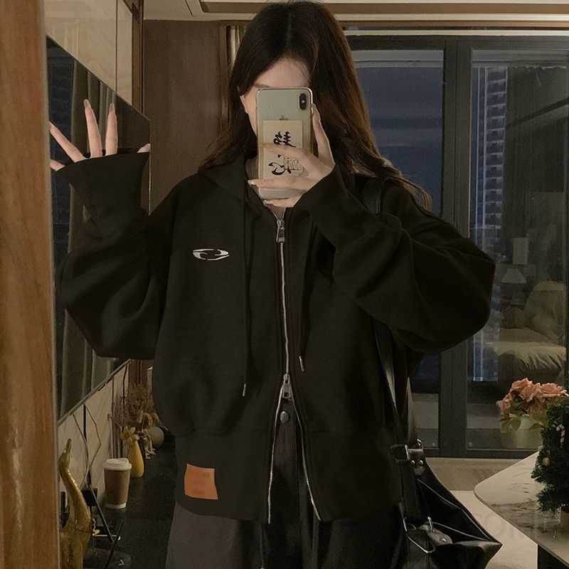 여성 빅사이즈 크롭 후드집업 오버핏 캠퍼스룩 캐주얼 트레이닝 루즈핏 맨투맨 아우터 점퍼 상의 봄 가을 - 상세 이미지 3