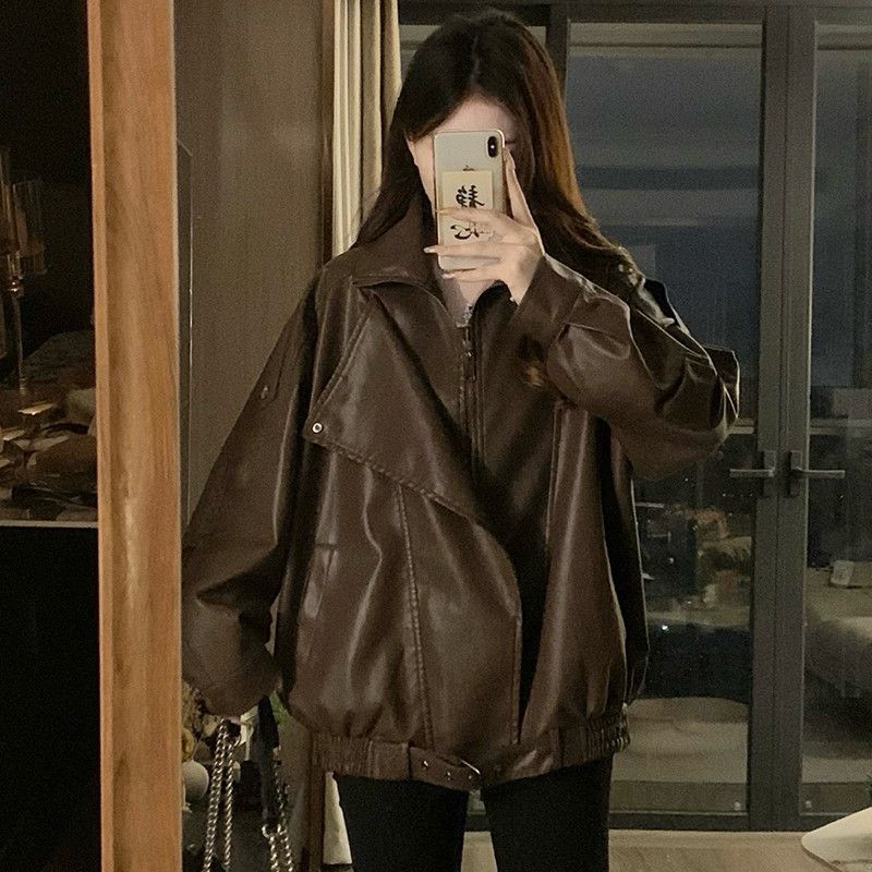 여성 오버핏 루즈핏 레더 가죽 자켓 빅사이즈 바이커 라이더 점퍼 아우터 데일리룩 캐주얼 무스탕 간절기 봄 가을 - 상세 이미지 4